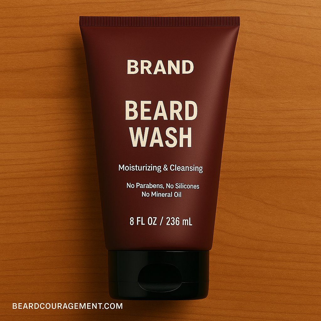 A burgundy tube of generic beard wash labeled “Moisturizing & Cleansing” placed on a wooden surface with beardcouragement.com written at the bottom.