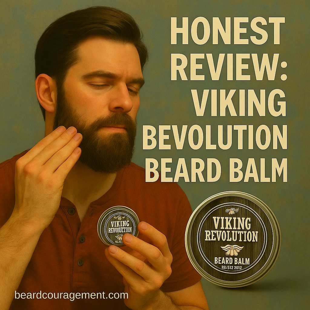 Bearded man applying balm from a tin labeled “Viking Revolution Beard Balm” beside text that reads “Honest Review: Viking Revolution Beard Balm.”
