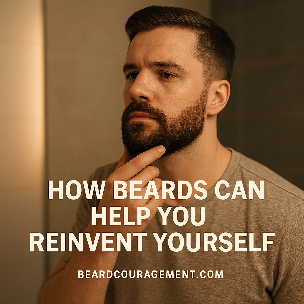 Confident man looking in the mirror with a freshly grown beard, symbolizing transformation and personal reinvention through grooming and self-expression