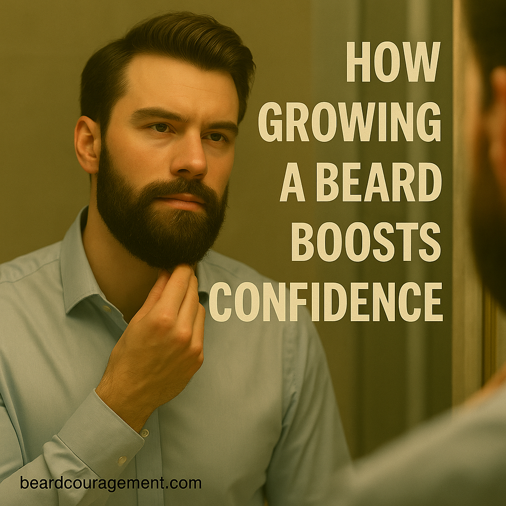 Confident man with a well-groomed beard wearing a dress shirt, looking at his reflection in the mirror beside text that reads “How Growing a Beard Boosts Confidence.”