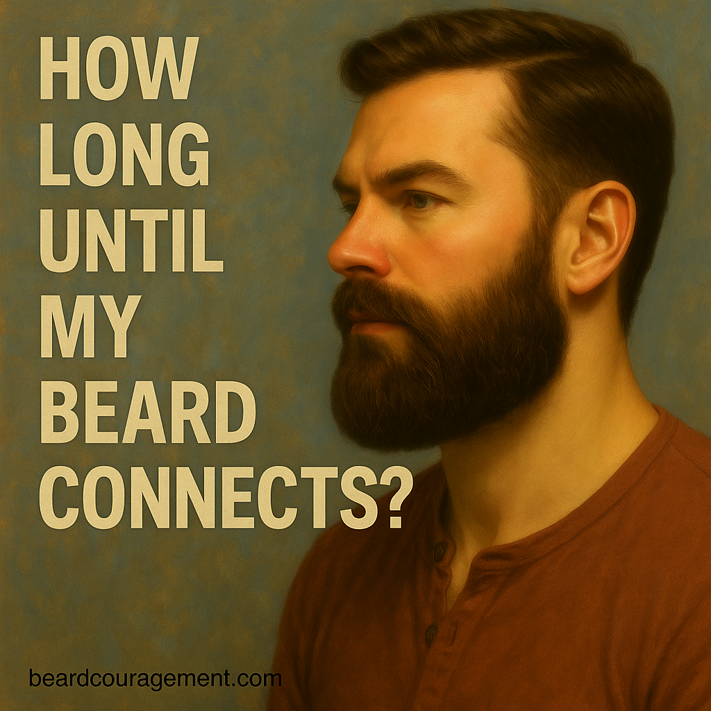 Side profile of a man showing beard growth progression from patchy to fully connected along the jawline beside text that reads “How Long Until My Beard Connects?”