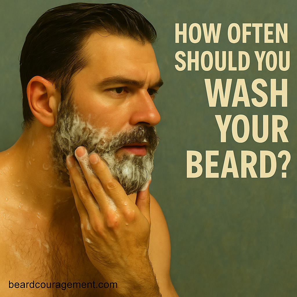 Man washing his beard with gentle foam and water droplets on his face beside text that reads “How Often Should You Wash Your Beard?”