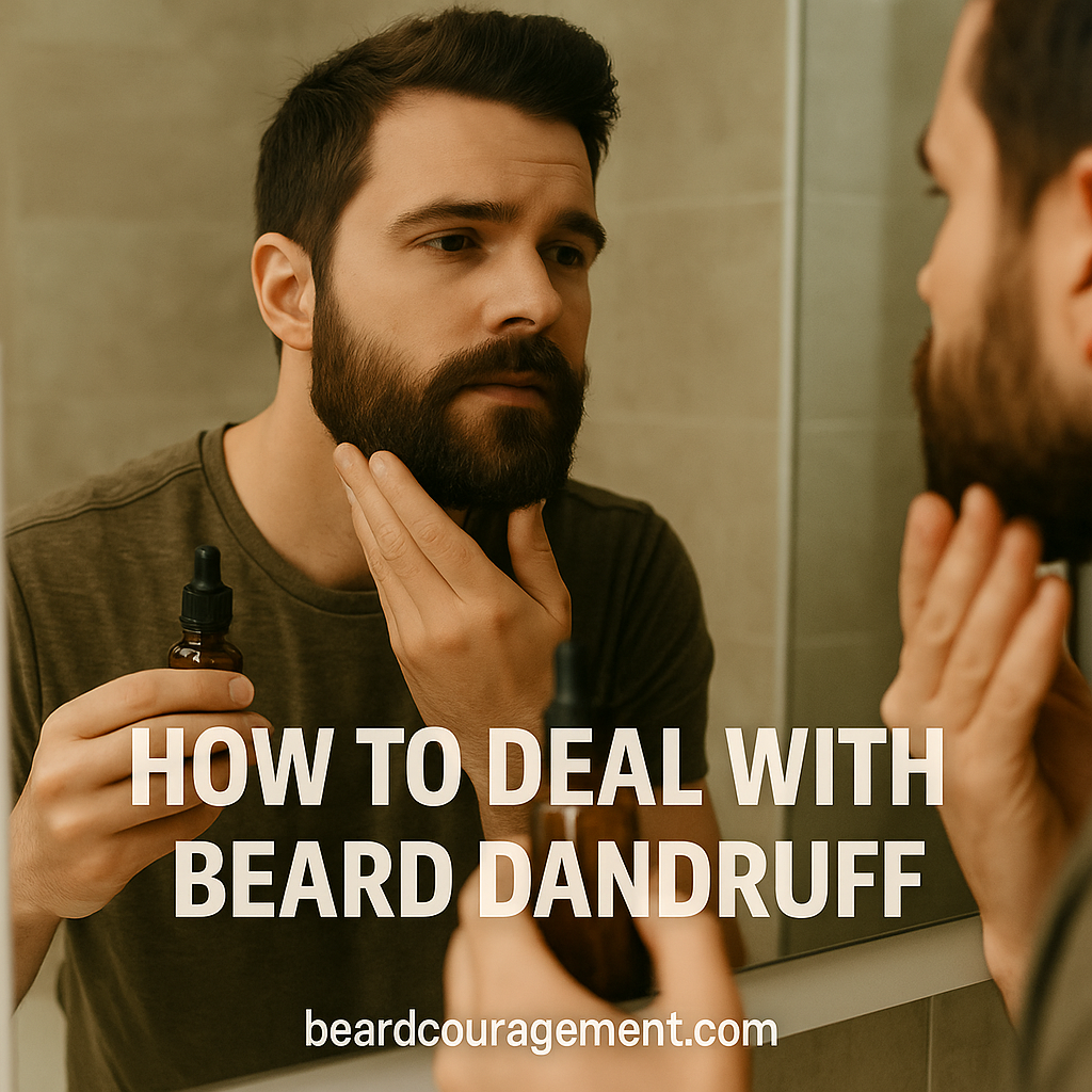 Man applying beard oil while grooming in the mirror to prevent beard dandruff.