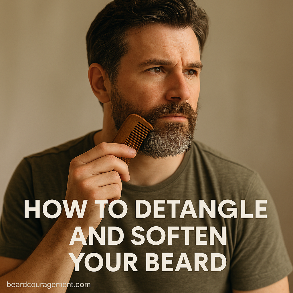 Man using a beard comb to detangle and soften his beard, representing proper grooming and beard care routine
