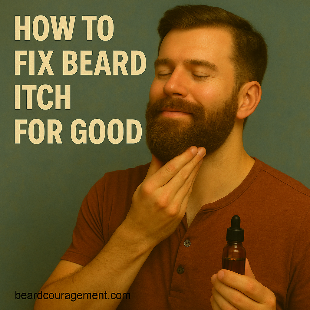 Man with a well-groomed beard applying beard oil while smiling in relief beside text that reads “How to Fix Beard Itch for Good.”