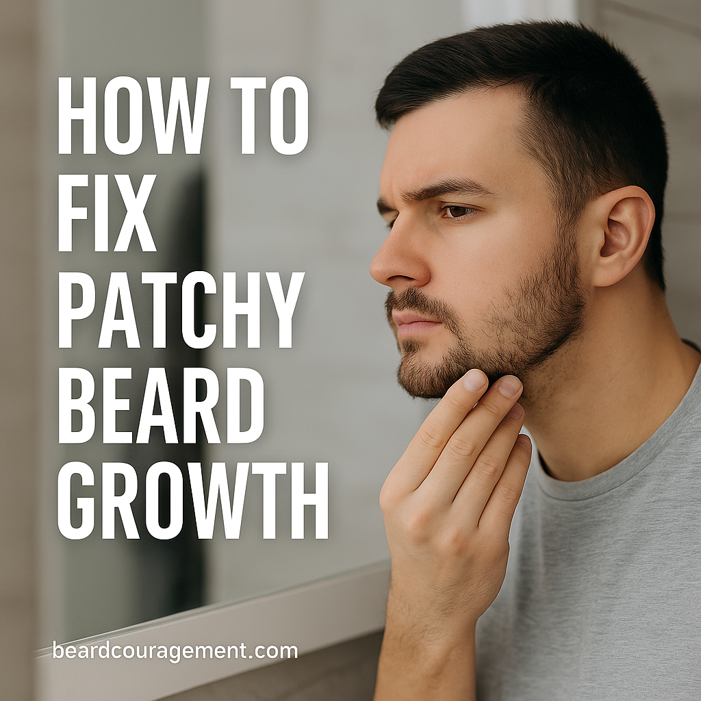 Man examining his beard closely in the mirror with visible patchy spots, representing how to fix uneven beard growth.