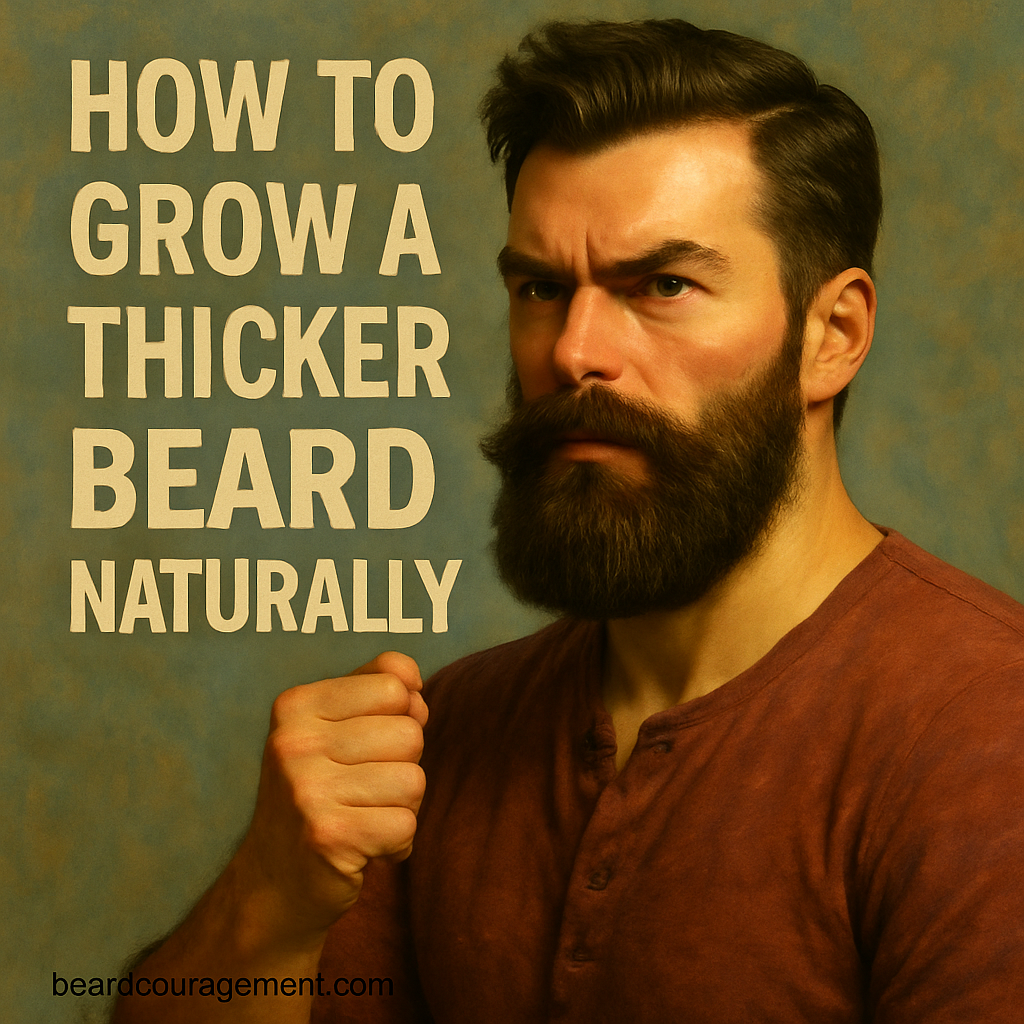 Realistic portrait of a confident man with a full thick beard, wearing a brown shirt and posing beside text that reads “How to Grow a Thicker Beard Naturally,”