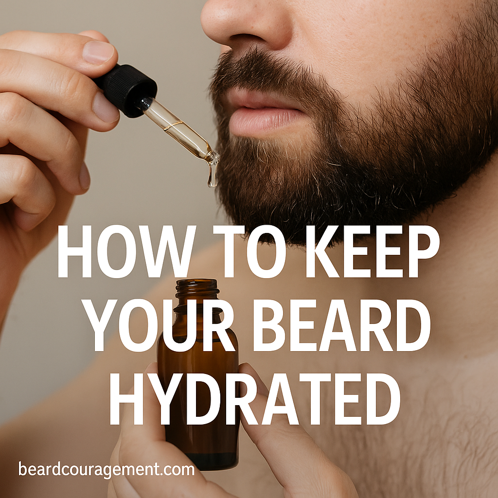Close-up of a man applying beard oil to a soft, well-moisturized beard, representing hydration and healthy beard care