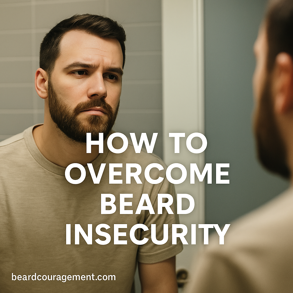Confident man looking at his reflection with a calm expression, symbolizing self-acceptance and overcoming beard-related insecurity