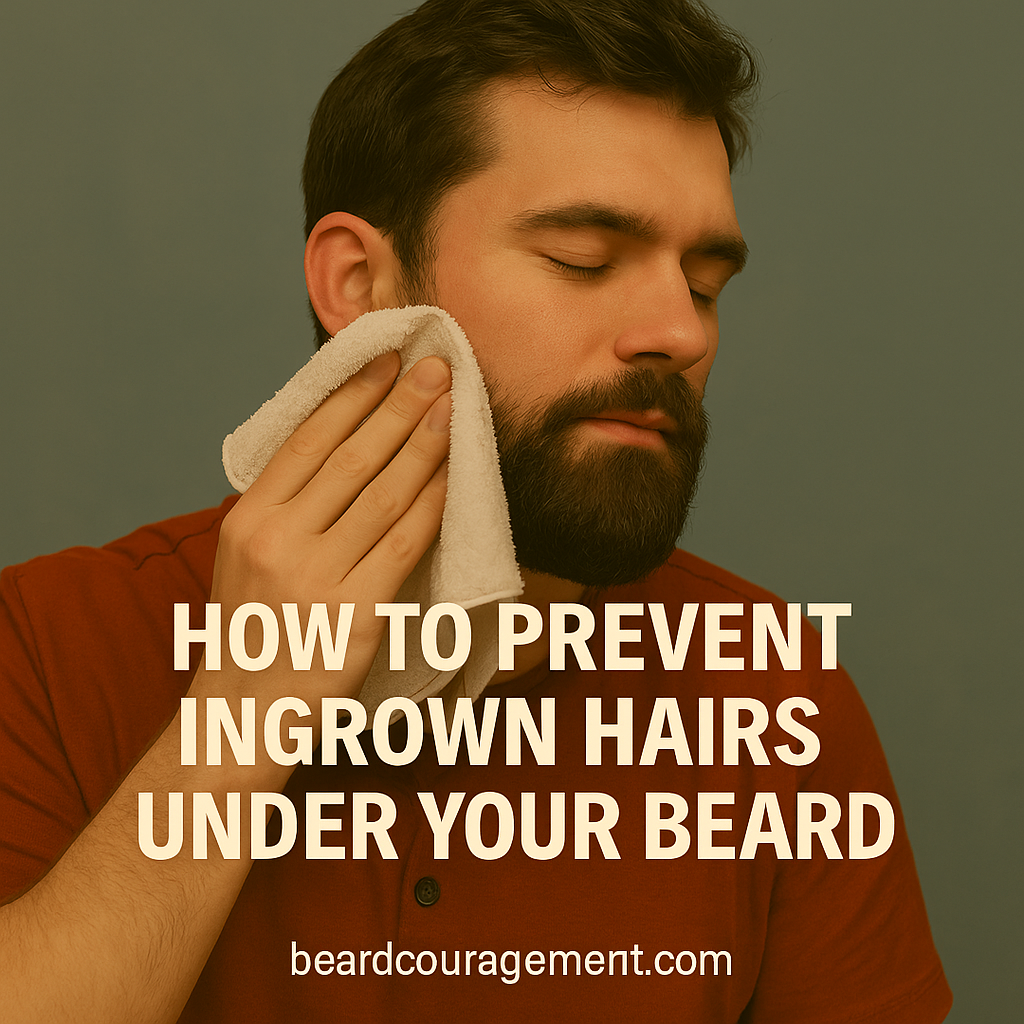 Man gently exfoliating his beard with a towel to prevent ingrown hairs and maintain healthy skin.