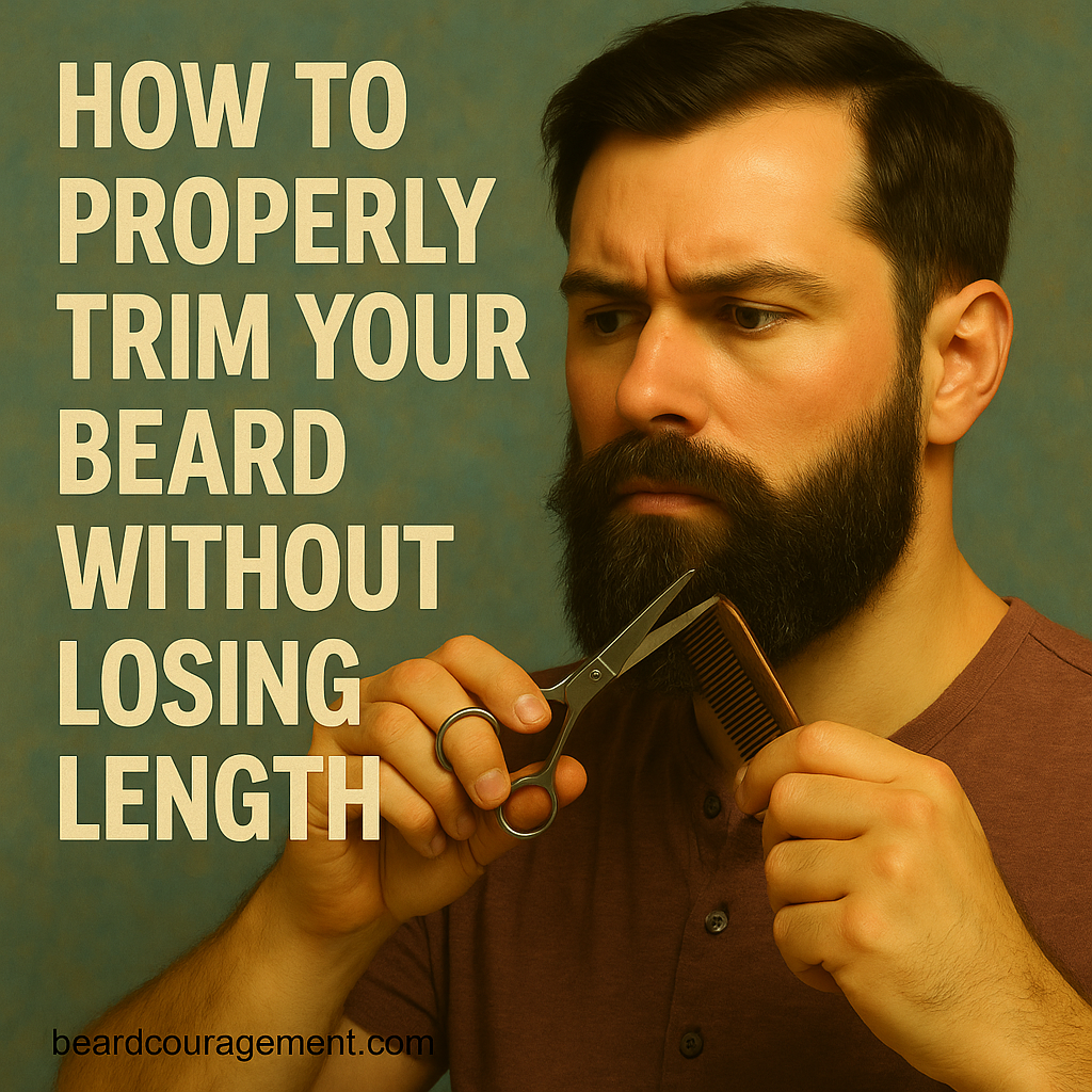 Man carefully trimming his beard with scissors and a comb beside text that reads “How to Properly Trim Your Beard Without Losing Length.”