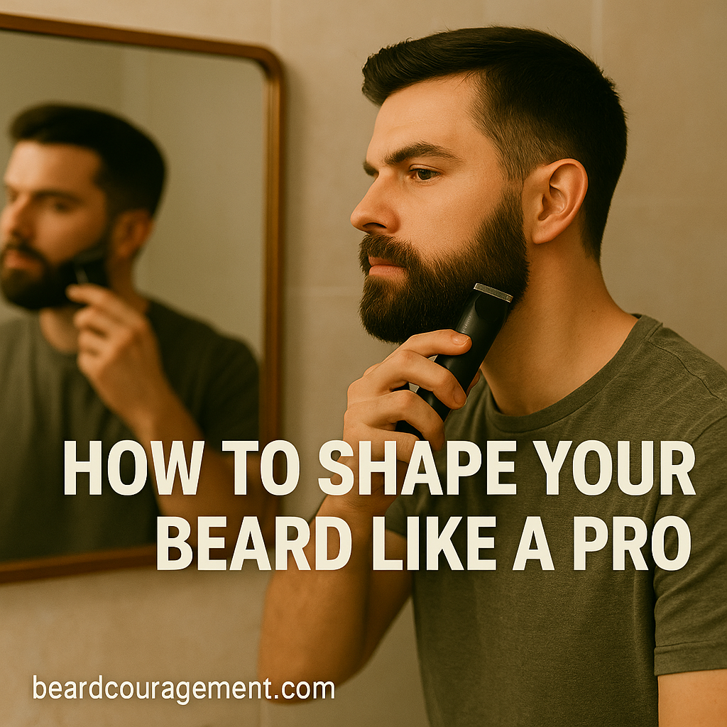 Man trimming his beard in front of a mirror, shaping it neatly for a professional look.