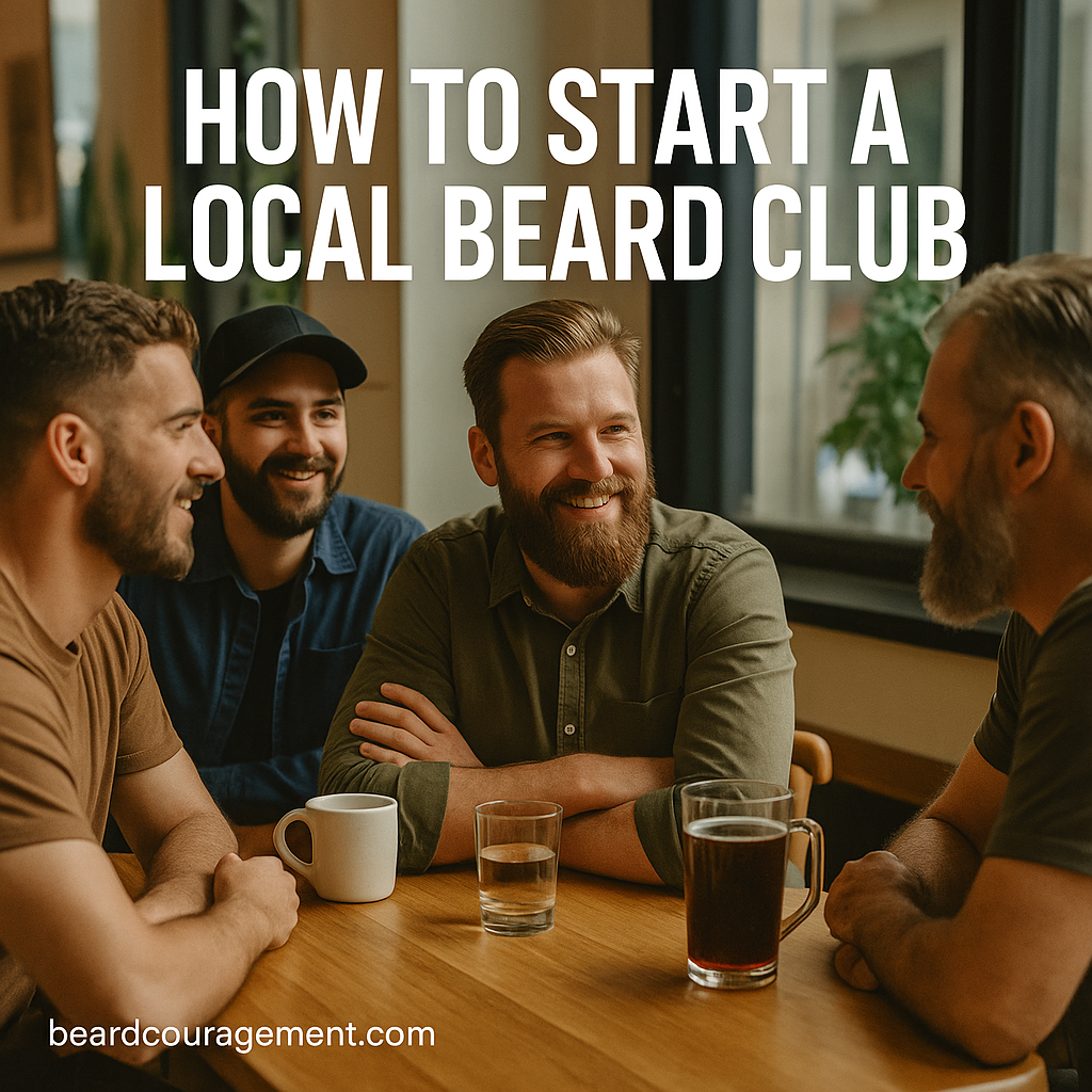 Group of bearded men gathered at a local café or event, symbolizing friendship, community, and a shared love for beards