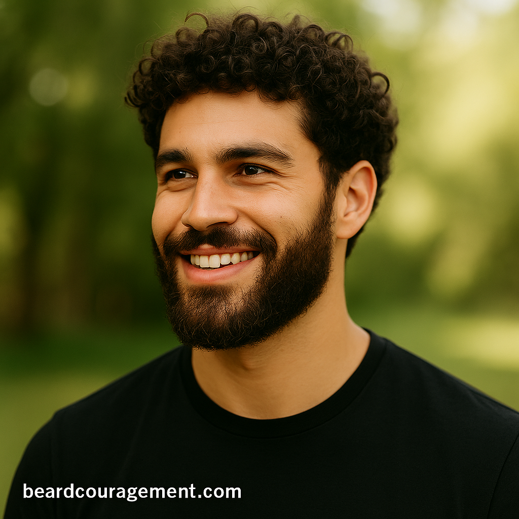 A man with curly hair and a neatly shaped curly beard styled with texture and shine.