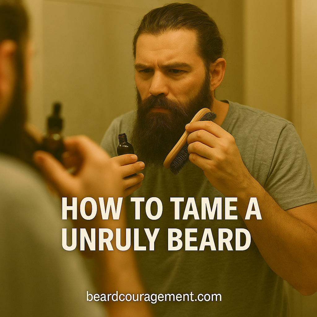 Man using a brush and beard oil to tame his unruly beard in front of a mirror.
