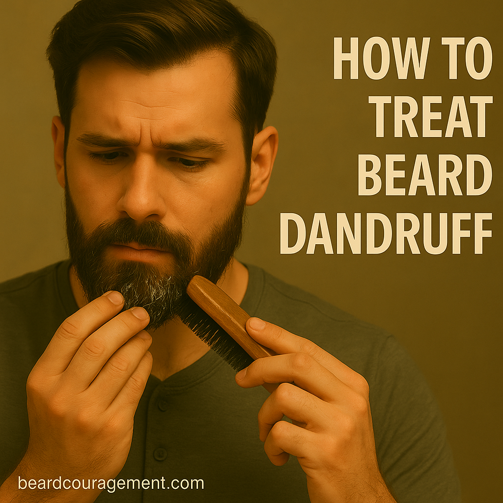 Man brushing his beard while checking for dandruff flakes under warm natural light.