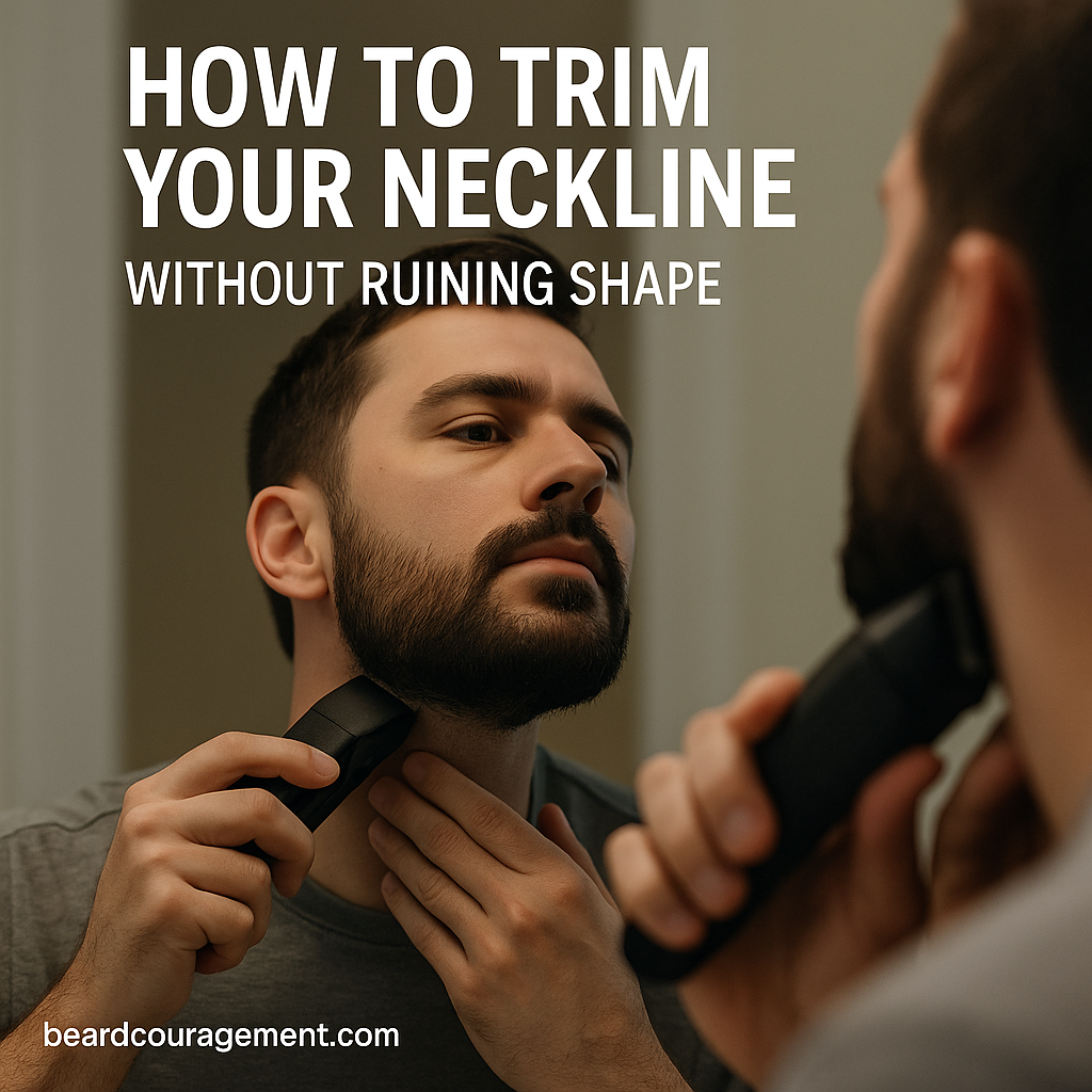 Man trimming his beard neckline carefully in front of a mirror, representing precise beard grooming and shape maintenance