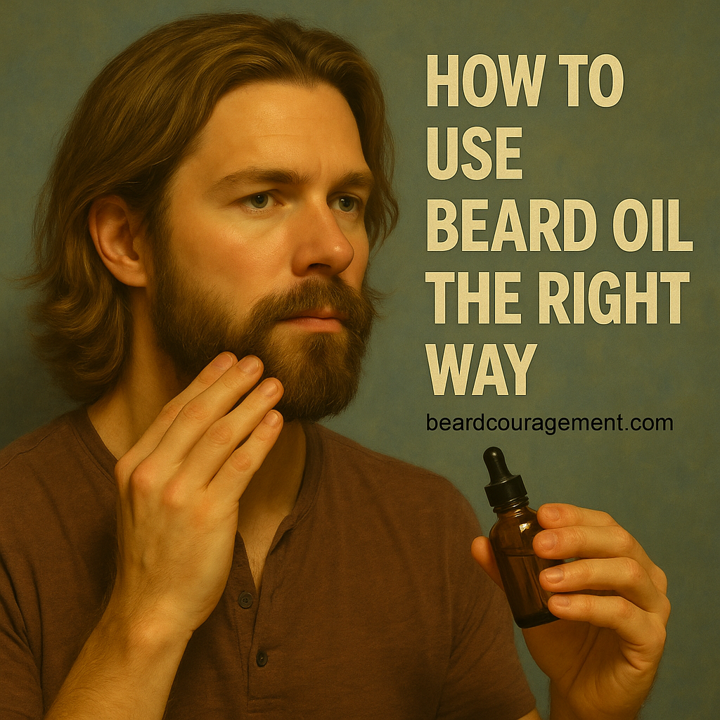 Man with long hair and a full beard applying beard oil from a dropper bottle beside text that reads “How to Use Beard Oil the Right Way.”