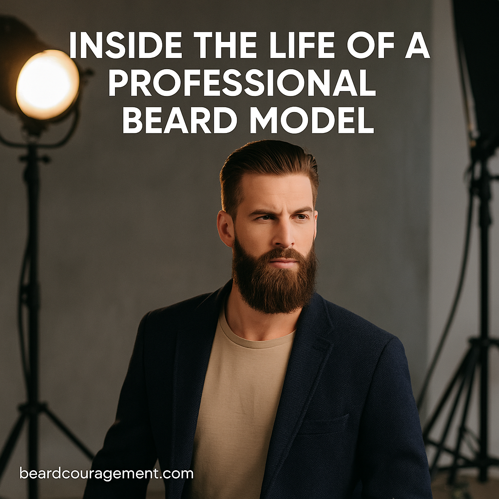 Confident bearded man posing in a studio during a professional photoshoot, representing the lifestyle and career of a beard model