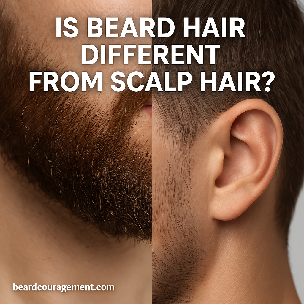 Close-up comparison of a man’s beard and head hair, representing the differences in texture, thickness, and growth between beard and scalp hair