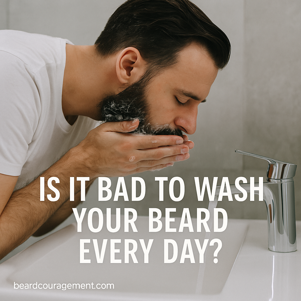 Man washing his beard in the sink with gentle beard shampoo, representing proper beard cleansing habits