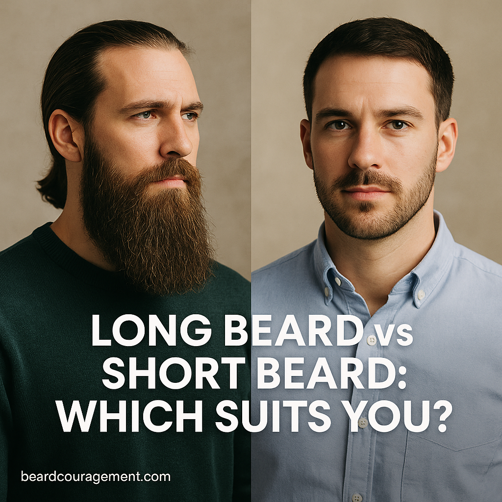Side-by-side comparison of two men, one with a long beard and one with a short beard, showing how different beard lengths suit different face shapes and styles