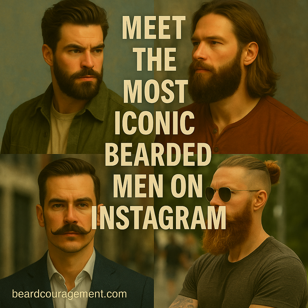 Collage of stylish bearded men including an outdoorsman, urban gentleman, vintage barber, fitness enthusiast, and creative artist beside text that reads “Meet the Most Iconic Bearded Men on Instagram.”
