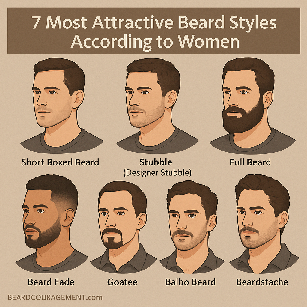 Illustrated infographic showing seven popular beard styles that women find most attractive, including short boxed beard, stubble, full beard, beard fade, goatee, balbo, and beardstache.