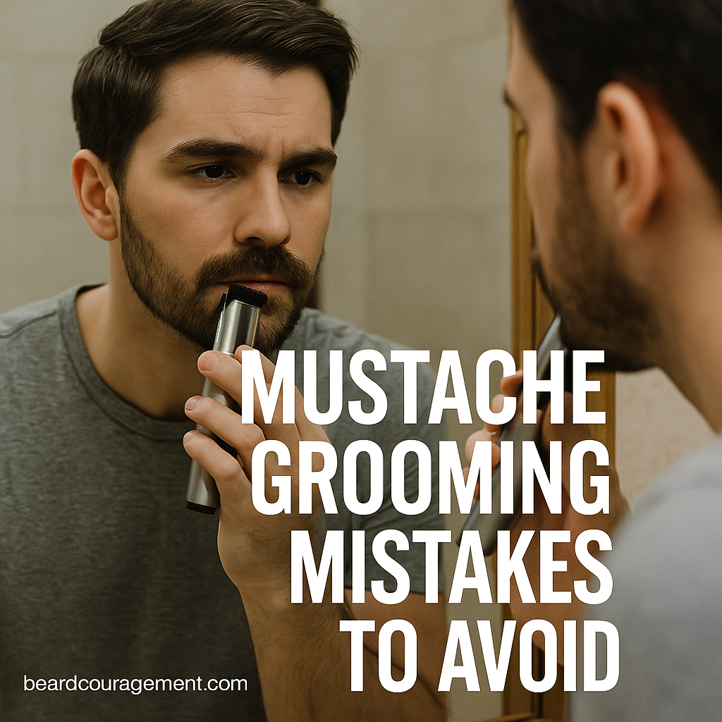 Man trimming his mustache carefully in the mirror, representing proper grooming technique and avoiding common mistakes
