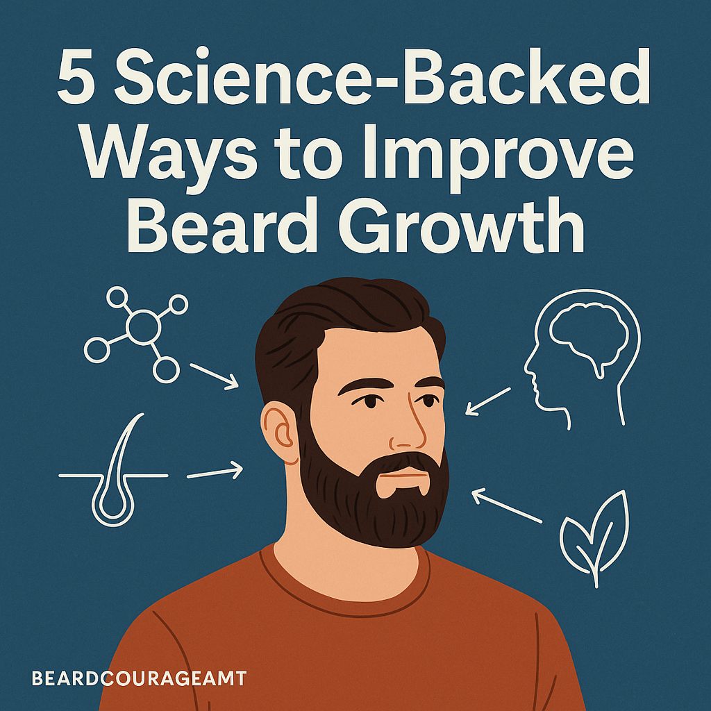 Illustrated image of a bearded man surrounded by scientific and wellness icons representing the proven methods to enhance beard growth.