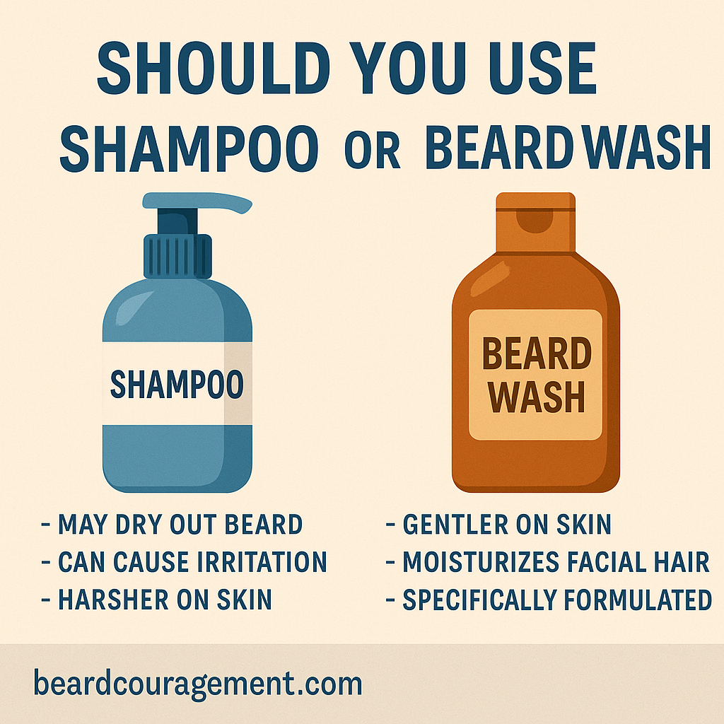 Infographic comparing shampoo and beard wash, showing that shampoo can dry and irritate beards while beard wash is gentler and moisturizing.
