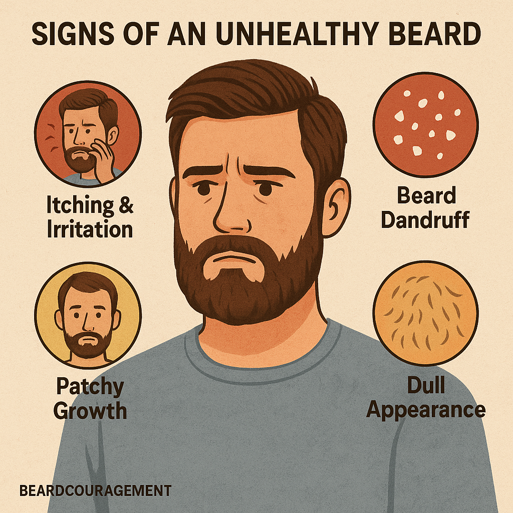Illustrated image showing a bearded man with dandruff, itchiness, patchy growth, and dull hair to represent common signs of an unhealthy beard.