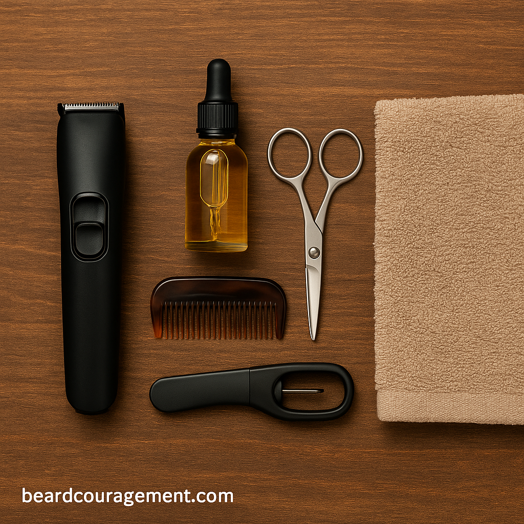 Beard grooming essentials including a trimmer, oil, comb, and scissors laid out neatly.