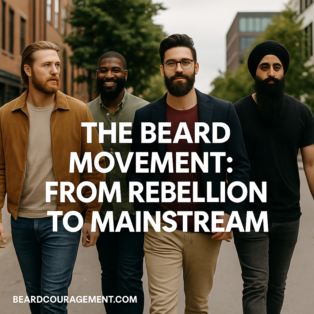 Diverse group of confident men with different beard styles walking outdoors, symbolizing how beards evolved from rebellion to mainstream fashion