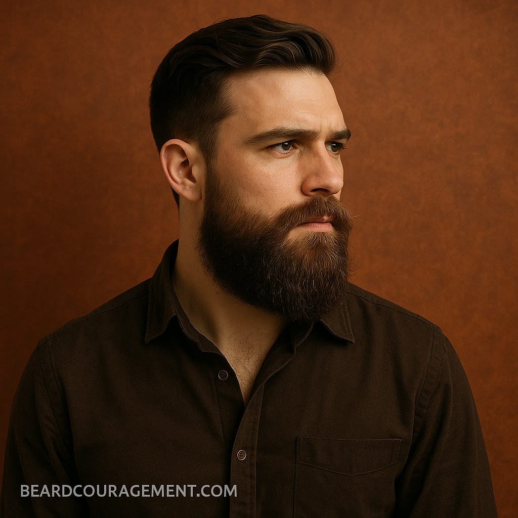 A stylish bearded man with a full, well-groomed beard and contemplative expression against a warm brown background, representing the beard revival of the 2010s.