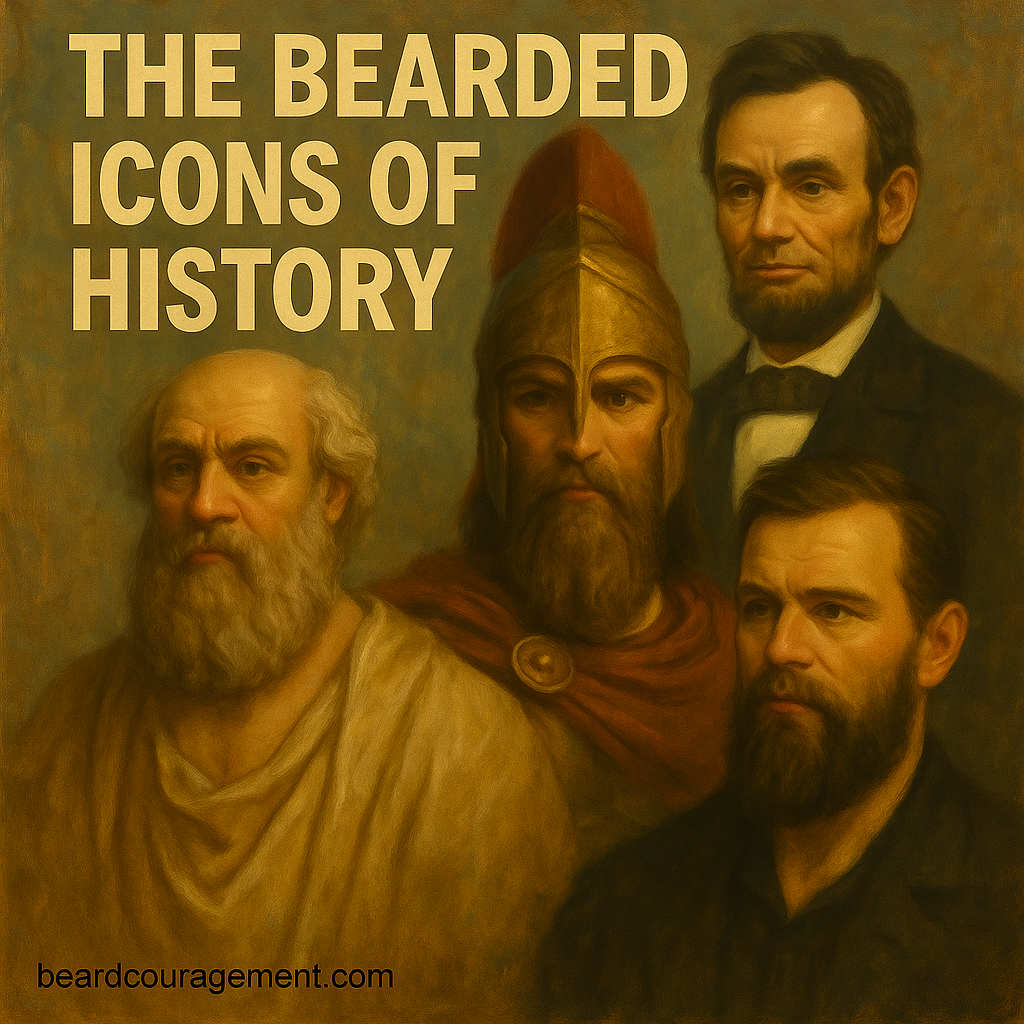 Collage of iconic bearded men throughout history, including philosophers, warriors, and leaders, beside text that reads “The Bearded Icons of History.”
