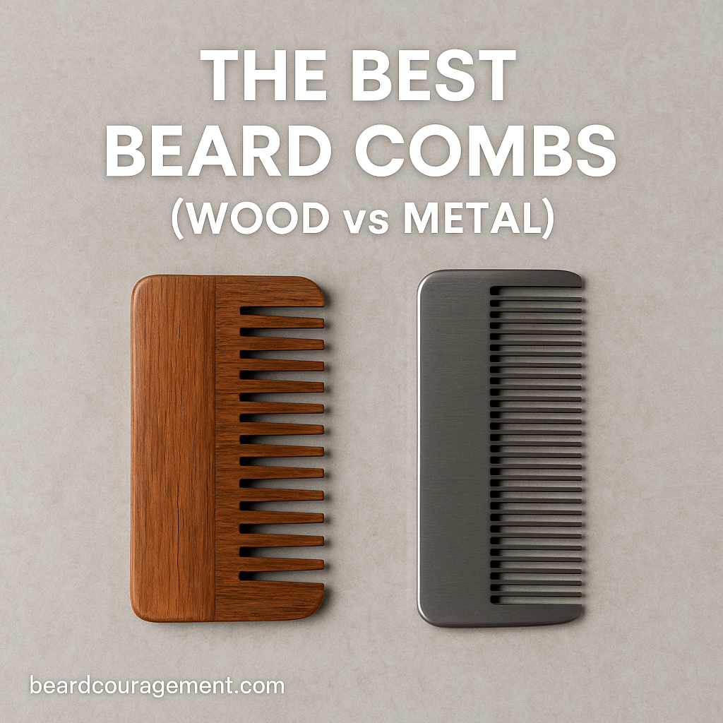 Wooden and metal beard combs placed side by side on a clean grooming surface, representing a comparison of materials and quality