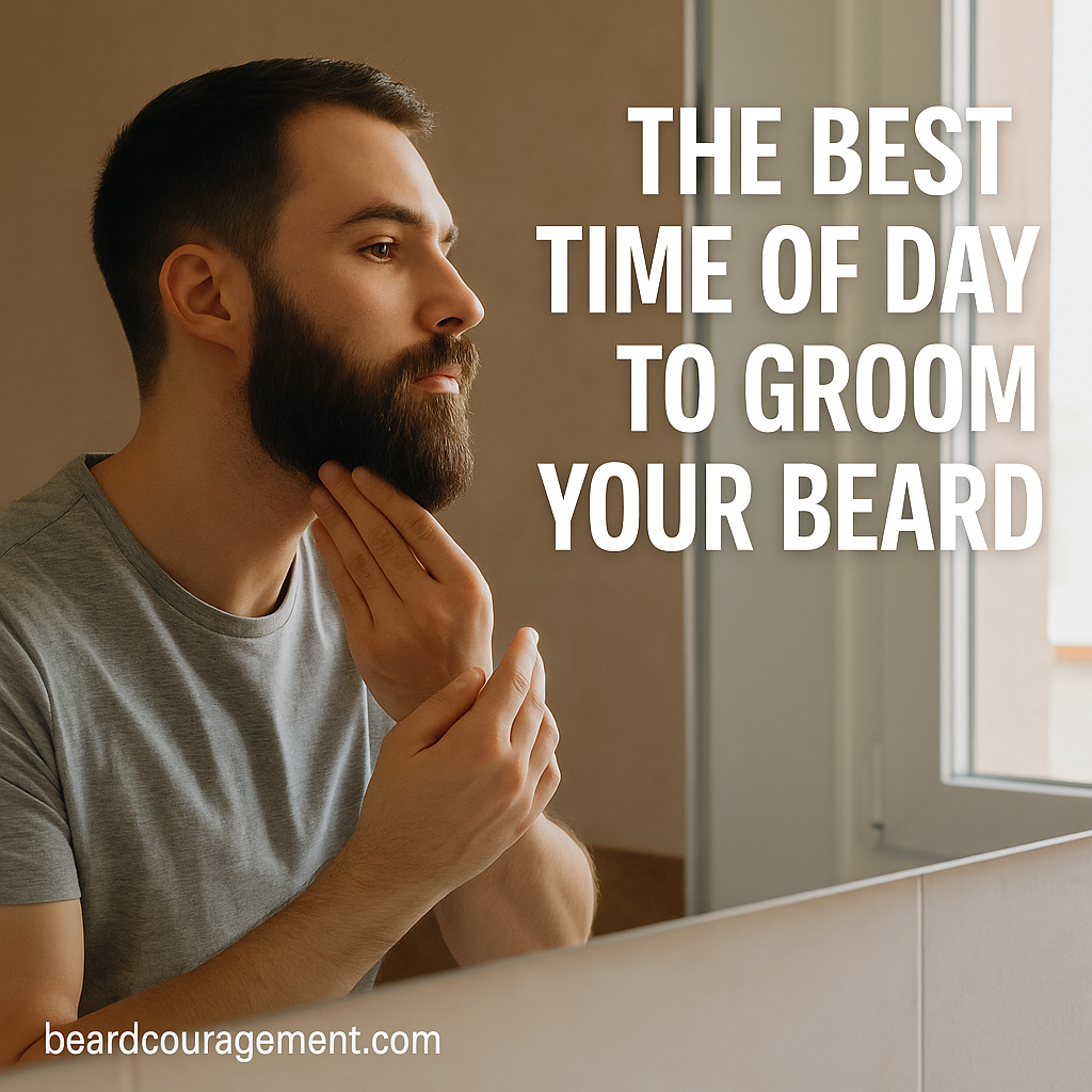 Man grooming his beard in the mirror during morning light, representing the ideal time for beard care and daily maintenance