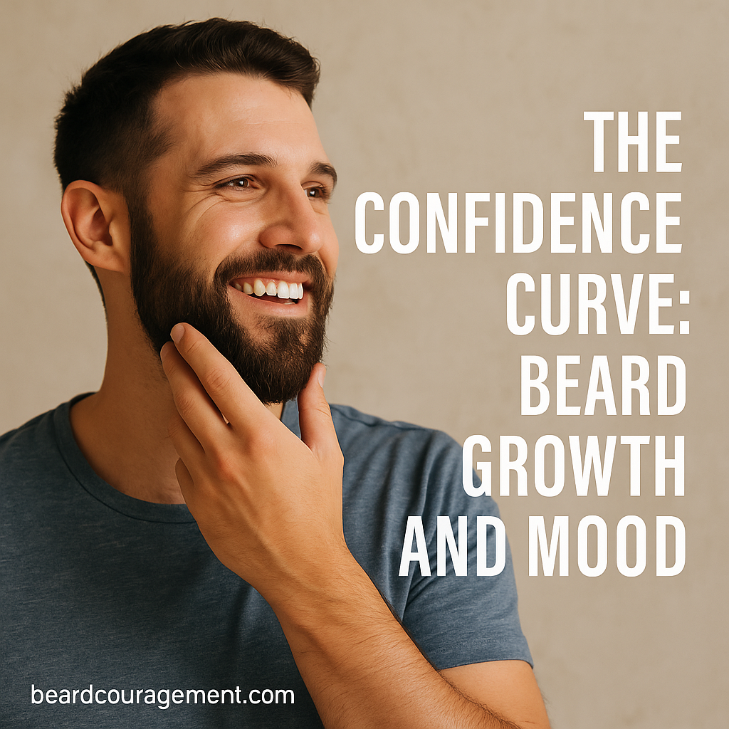 Confident man smiling while touching his growing beard, symbolizing the connection between beard growth and improved mood and self-esteem