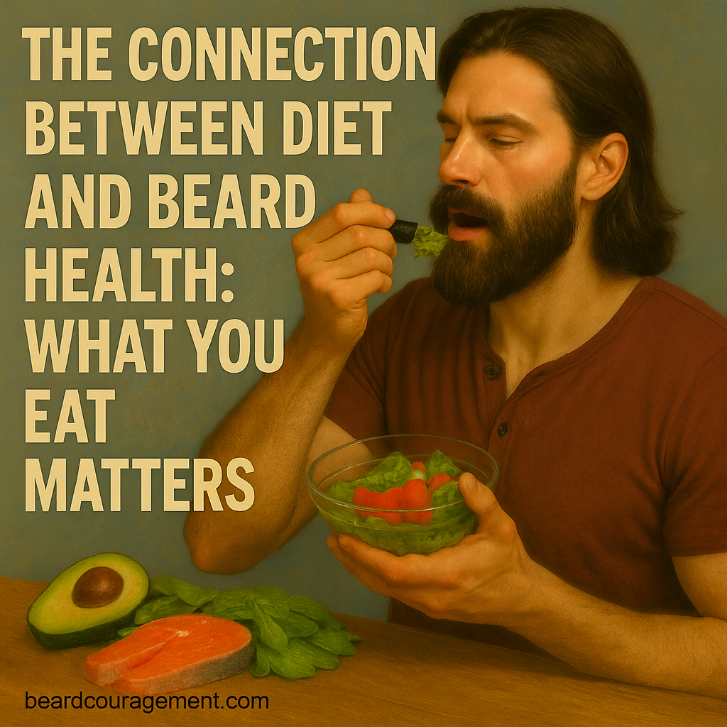 Man with long hair and a full beard eating a salad beside text that reads “The Connection Between Diet and Beard Health: What You Eat Matters,” with avocado and salmon on the table.