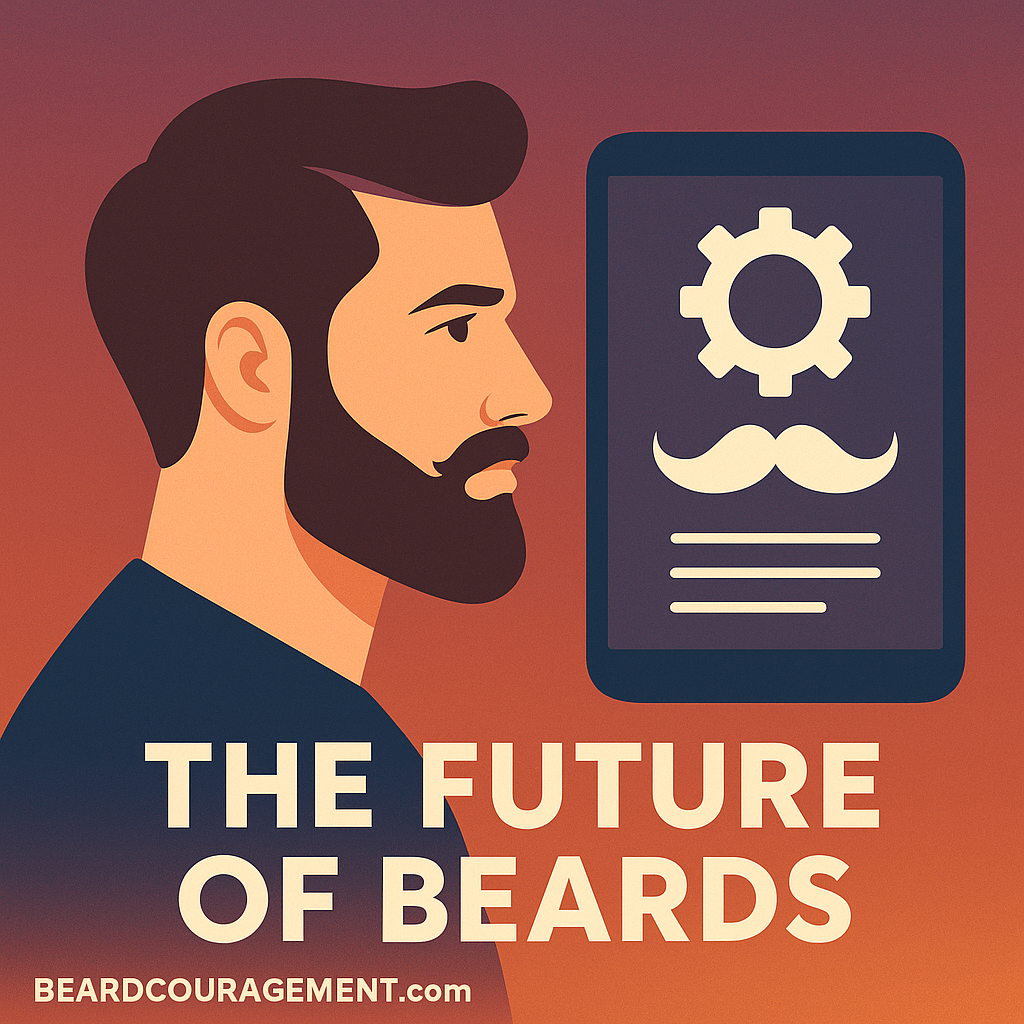 Illustrated profile of a bearded man facing a futuristic digital screen with gear and mustache icons, symbolizing the intersection of tech and beard culture.