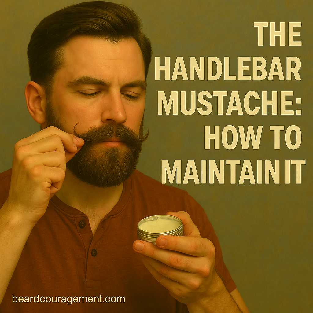 Confident man styling his curled handlebar mustache with wax beside text that reads “The Handlebar Mustache: How to Maintain It.”