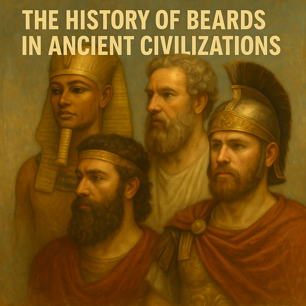 Painting of four ancient men from different civilizations — an Egyptian pharaoh, a Mesopotamian king, a Greek philosopher, and a Roman soldier — with the title “The History of Beards in Ancient Civilizations.”