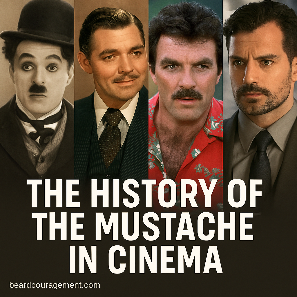 collage of famous movie characters across decades wearing distinctive mustaches, representing the evolution of mustache styles in cinema
