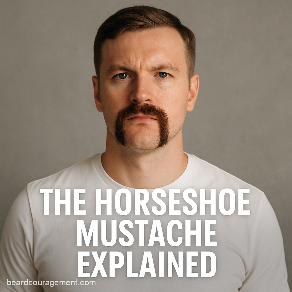 Confident man with a classic horseshoe mustache, symbolizing the bold and rugged style associated with this iconic facial hair look