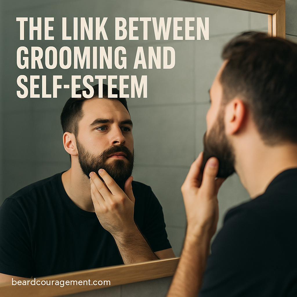 Confident man grooming his beard in front of a mirror, symbolizing the connection between beard care, confidence, and self-esteem
