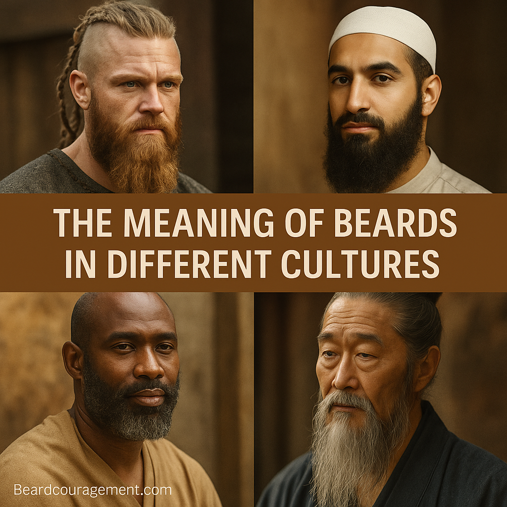 Collage of men from various cultures and eras wearing different beard styles, representing cultural diversity and symbolic meaning of beards