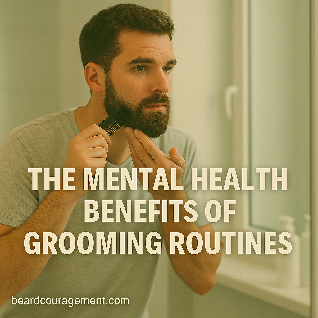 Man grooming his beard in front of a mirror, representing how self-care routines improve mental health and mindfulness.