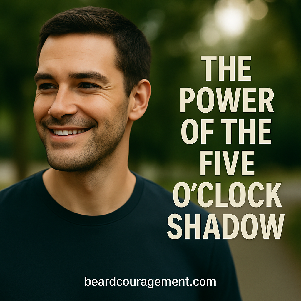 Man with a short stubble beard smiling confidently under natural light, showcasing the five o’clock shadow look.