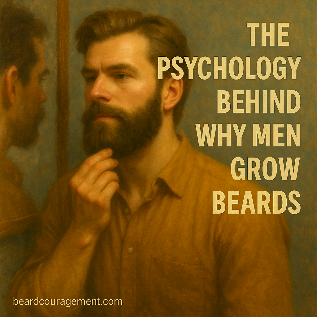 Thoughtful man with a full beard looking at himself in the mirror beside text that reads “The Psychology Behind Why Men Grow Beards.”